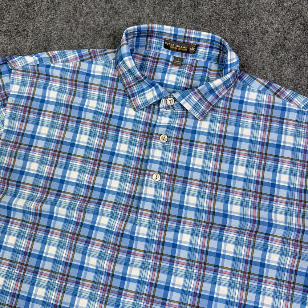 Peter Millar  Summer Comfort Golf Polo Mens Large Blue Plaid Performance Stretch